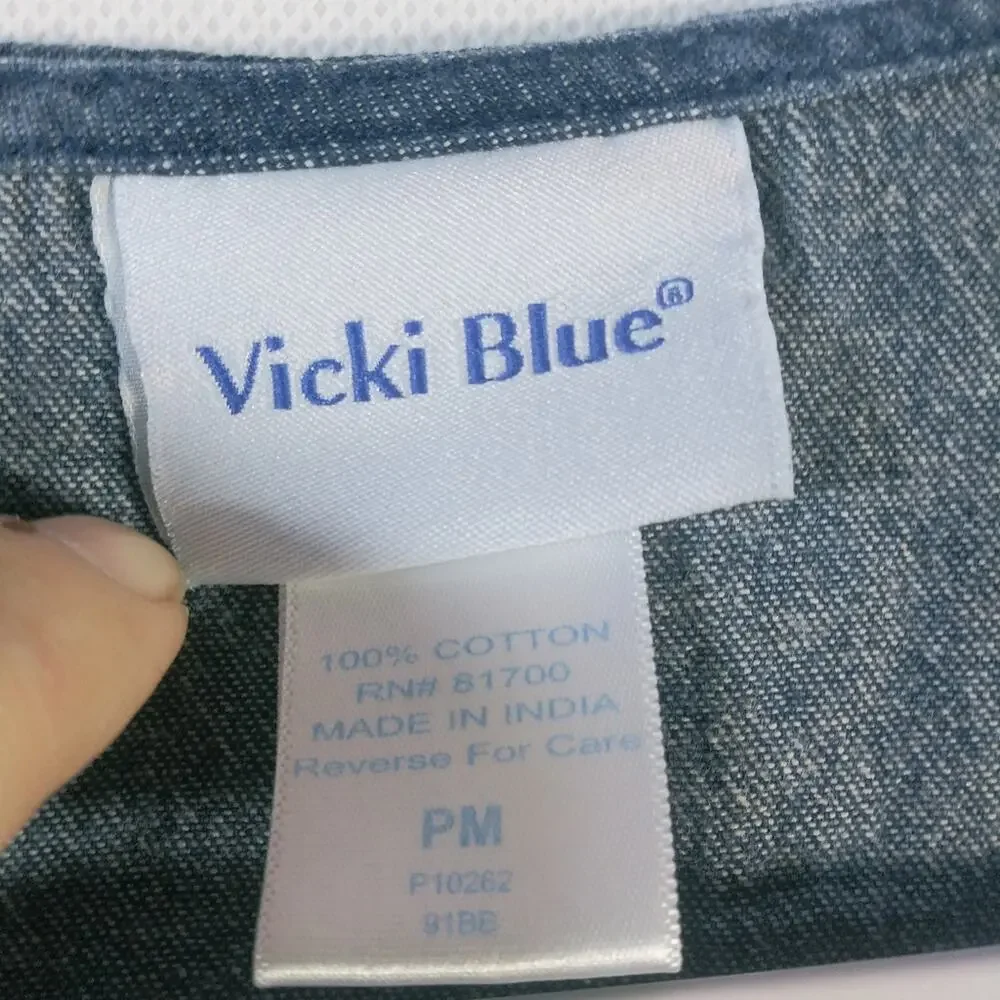 Vicki Blue Vintage Short Sleeve Jean Dress Dark Wash Denim Button Down Size PM